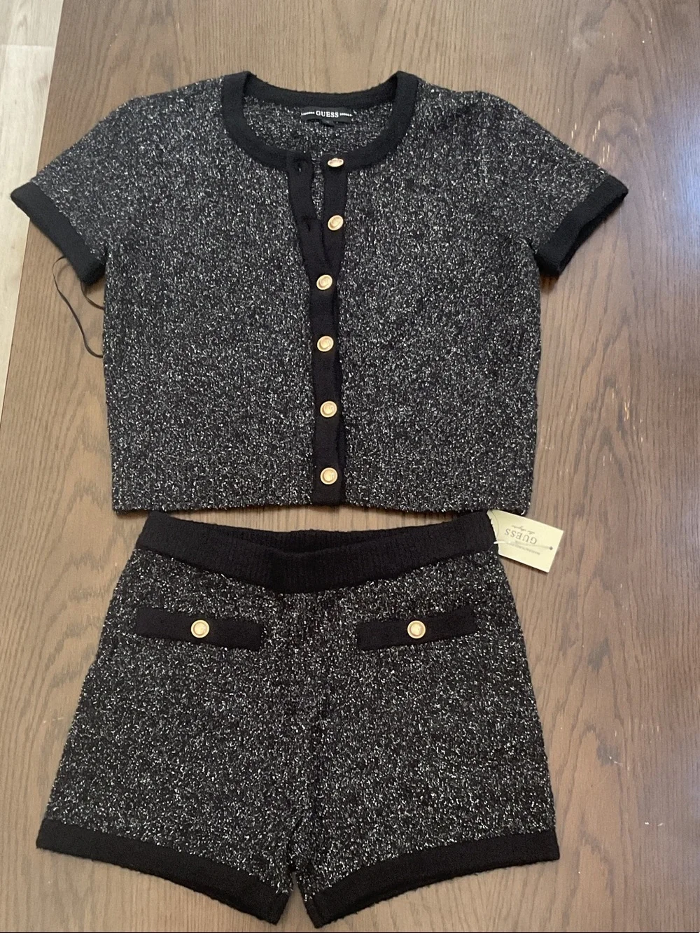 GUESS Black & Silver Tweed Two-Piece Short Set with Gold Buttons
